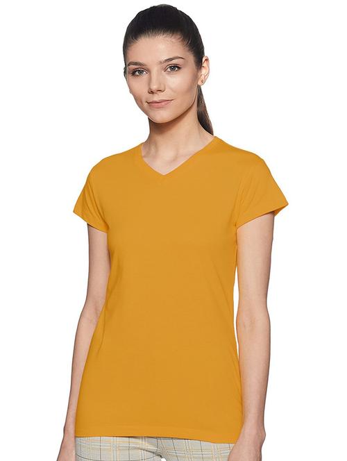 mustard plain v neck t-shirt - 21140180 - Very Small Image - 1