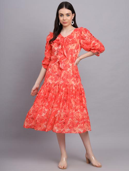 orange floral printed fit & flare dress - 21142938 - Very Small Image - 1