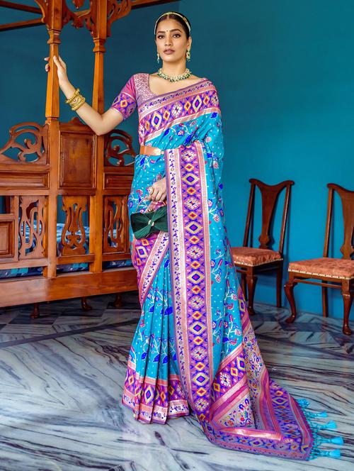 turquoise silk paithani saree with blouse - 21144617 - Very Small Image - 1