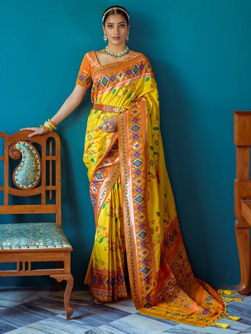 yellow silk paithani saree with blouse - 21144618 - Very Small Image - 1