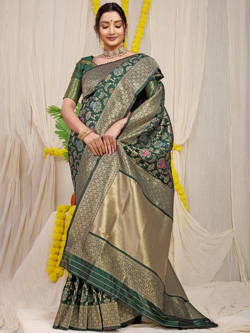dark green zari work kanjivaram saree - 21144650 - Very Small Image - 1