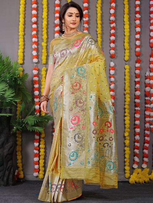 yellow self design banarasi saree - 21144667 - Very Small Image - 1