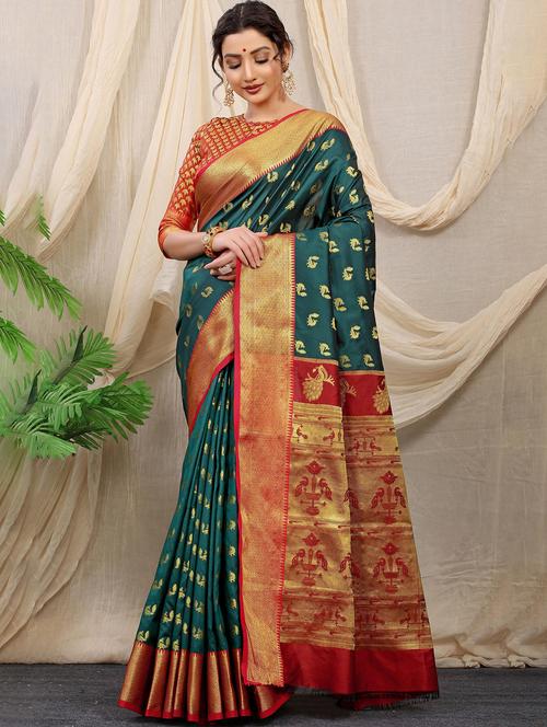 dark green self design banarasi saree with blouse - 21144672 - Very Small Image - 1
