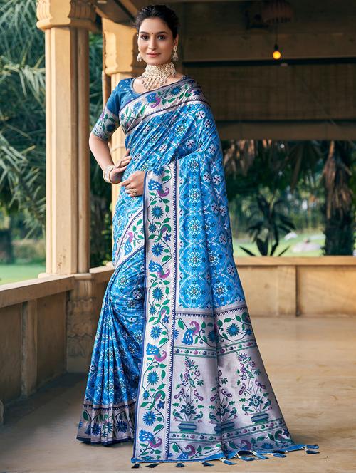 turquoise silk patola saree with blouse - 21144698 - Very Small Image - 1