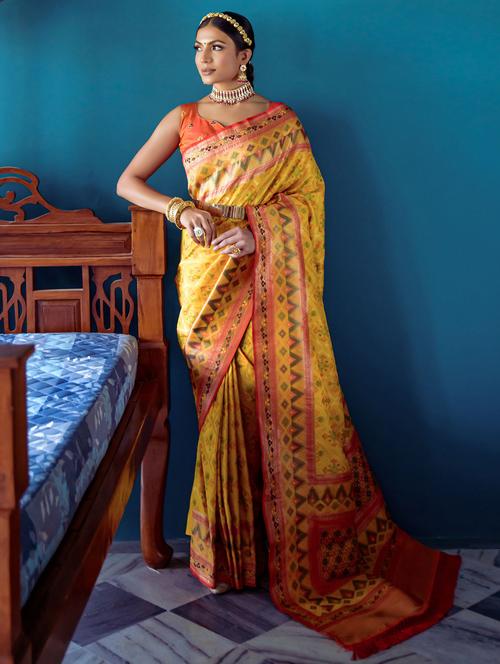yellow silk patola saree with blouse - 21144754 - Very Small Image - 1