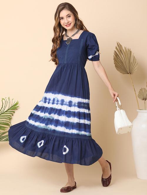 globus women blue puff sleeve tie and dye midi dress - 21144977 - Very Small Image - 1