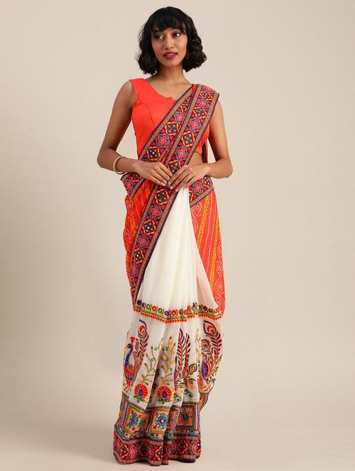 orange embroidered bandhani saree - 21148560 - Very Small Image - 1