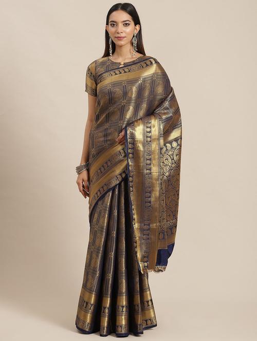 navy blue banarasi saree with blouse - 21148593 - Very Small Image - 1