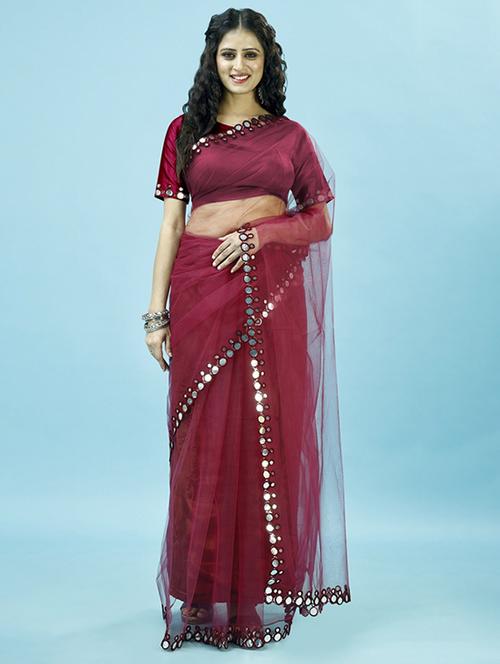 maroon net embellished saree with blouse - 21154767 - Very Small Image - 1