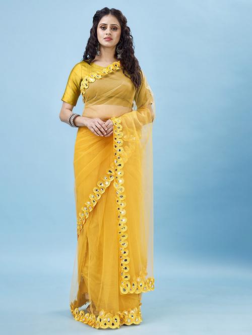 yellow solid with bordered saree with blouse - 21154773 - Very Small Image - 1