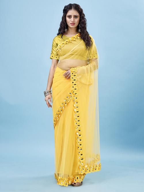 women mirror work plain net saree with blouse - 21154810 - Very Small Image - 1