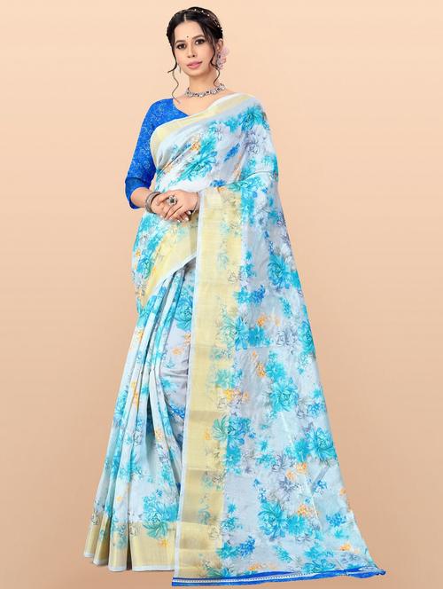 light blue floral printed saree with blouse - 21155365 - Very Small Image - 1
