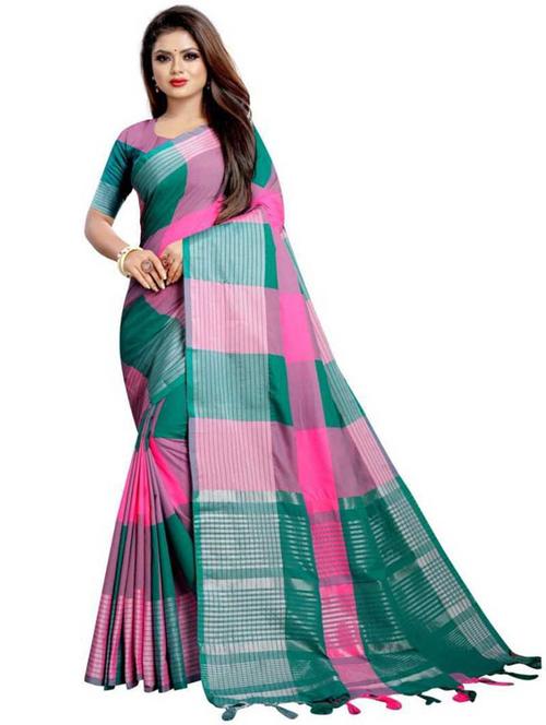 multi colored cotton blend bordered saree with blouse - 21156321 - Very Small Image - 1