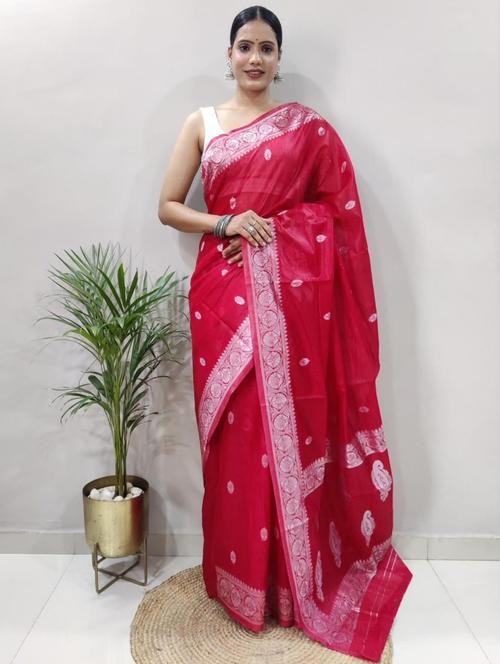 red jacquard chanderi saree - 21156639 - Very Small Image - 1