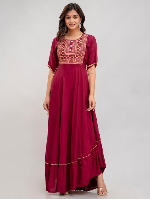 maroon self designed ethnic dress - 21158296 - Very Small Image - 1