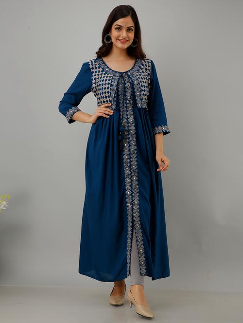 teal blue embroidered detailed kurta - 21158304 - Very Small Image - 1