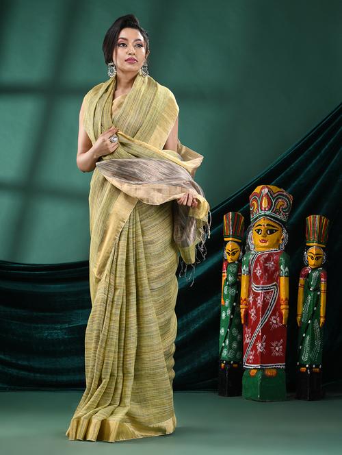 yellow linen handloom saree - 21161447 - Very Small Image - 1