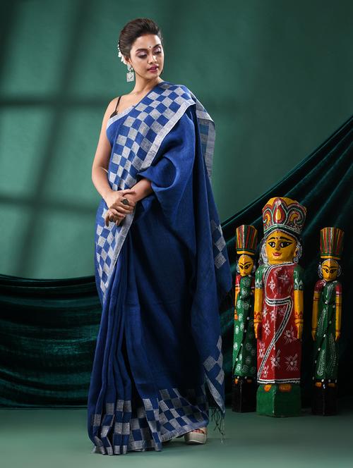 blue linen handloom saree - 21161451 - Very Small Image - 1