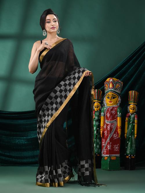black linen handloom saree - 21161452 - Very Small Image - 1