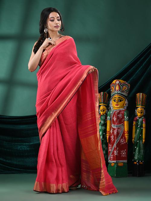 pink linen handloom saree - 21161455 - Very Small Image - 1