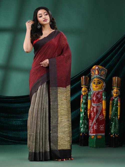 maroon linen handloom saree - 21161483 - Very Small Image - 1