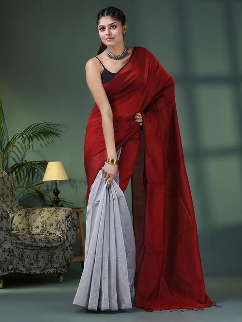 maroon cotton blend handloom saree with blouse - 21161497 - Very Small Image - 1