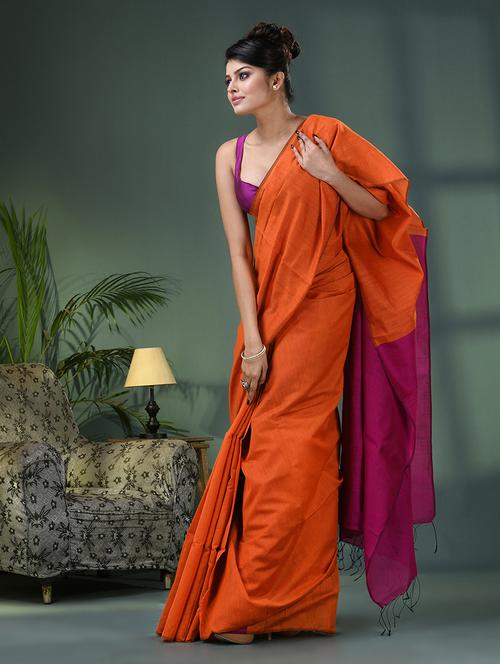 orange cotton handloom saree with blouse - 21161503 - Very Small Image - 1