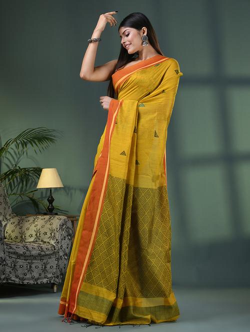 yellow cotton blend handloom saree - 21161517 - Very Small Image - 1