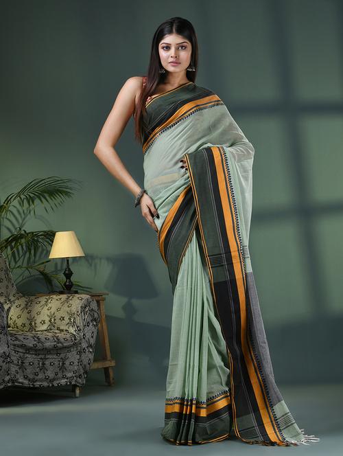 green cotton handloom saree with blouse - 21161558 - Very Small Image - 1