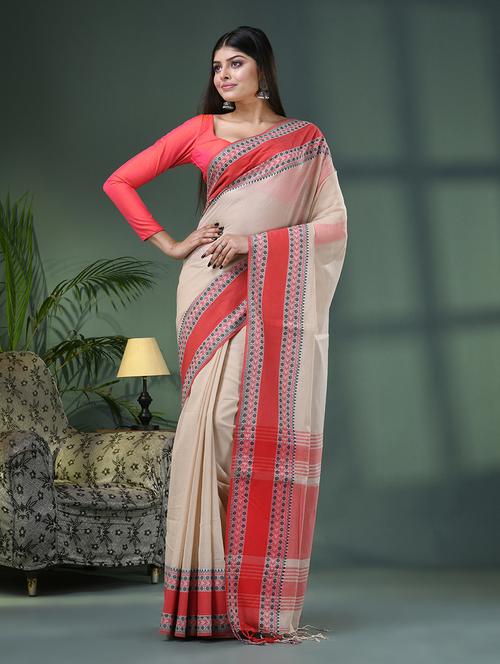 cream cotton handloom saree with blouse - 21161562 - Very Small Image - 1