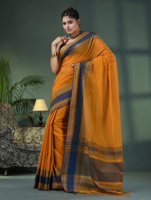 mustard cotton handloom saree with blouse - 21161563 - Very Small Image - 1