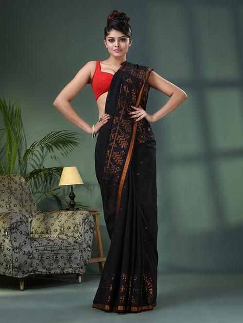 black cotton handloom saree with blouse - 21161573 - Very Small Image - 1