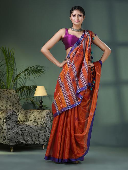 rust cotton blend handloom saree - 21161579 - Very Small Image - 1
