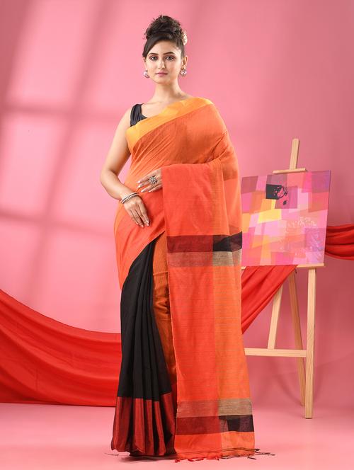 orange cotton blend handloom saree - 21161836 - Very Small Image - 1