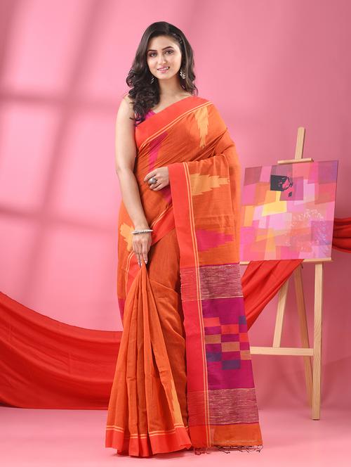 orange cotton blend handloom saree - 21161868 - Very Small Image - 1