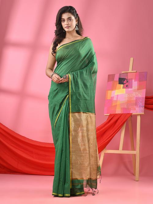 green cotton blend handloom saree - 21161890 - Very Small Image - 1