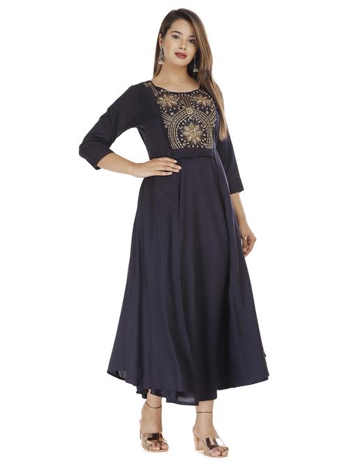 women blue round neck flared dress - 21170661 - Very Small Image - 1