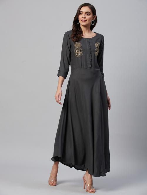 women grey round neck flared dress - 21170675 - Very Small Image - 1