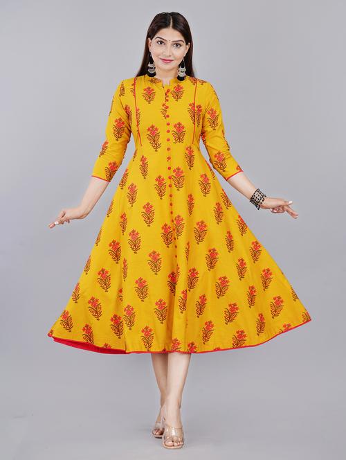 yellow cotton blend anarkali kurta - 21170908 - Very Small Image - 1