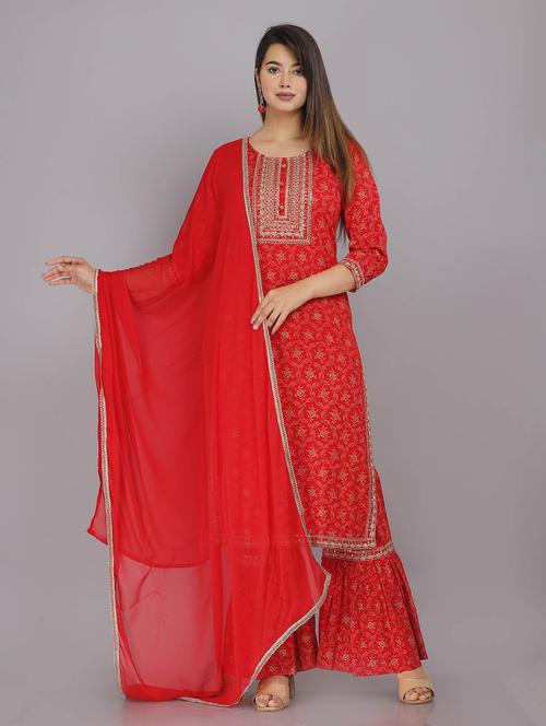 red printed kurta & sharara set - 21171644 - Very Small Image - 1