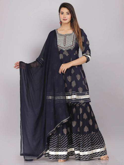 navy blue printed kurta & sharara set - 21171648 - Very Small Image - 1