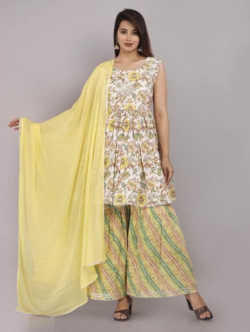 yellow floral print kurta sharara set - 21171656 - Very Small Image - 1