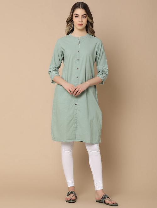 green cotton straight kurta - 21176526 - Very Small Image - 1