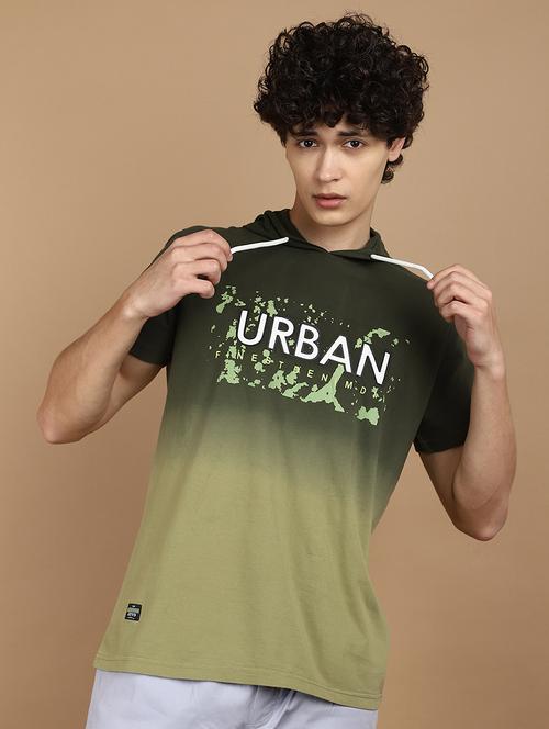 olive green hood neck printed t-shirt - 21177970 - Very Small Image - 1