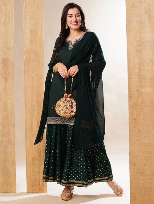 globus women green embroidered neckline straight festive kurta set with palazzos & dupatta - 21178343 - Very Small Image - 1