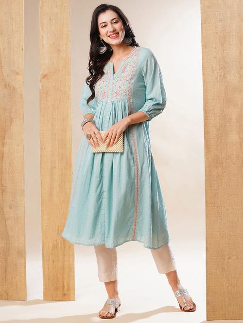 women light blue mandarin neck a-line kurta - 21178347 - Very Small Image - 1