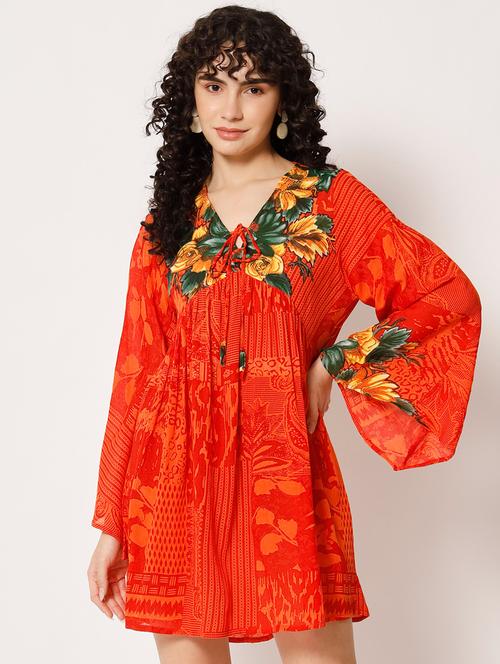 orange rayon a-line dress - 21178799 - Very Small Image - 1