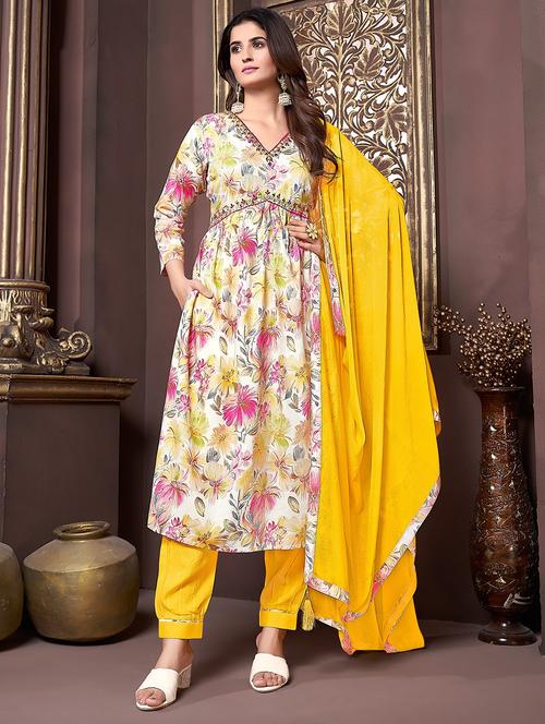 off white & yellow printed rayon suit set - 21179030 - Very Small Image - 1