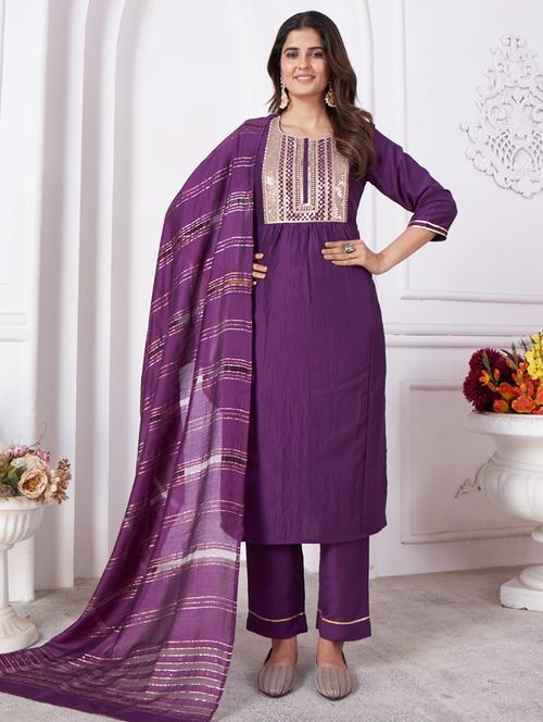 purple embroidered silk kurta & pant set - 21179044 - Very Small Image - 1