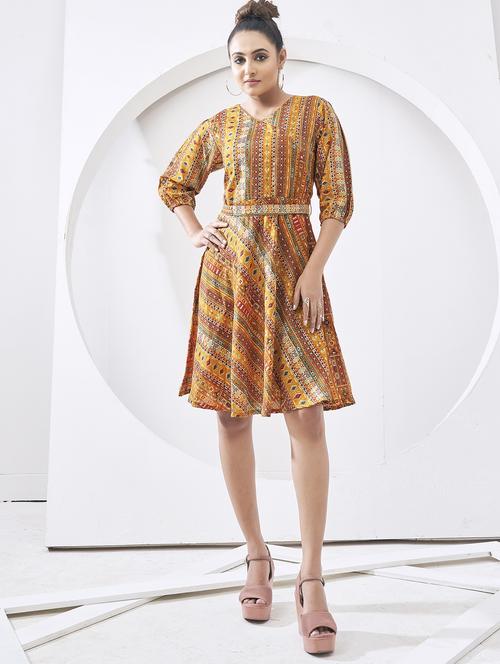 yellow printed cotton a-line ethnic dress - 21179047 - Very Small Image - 1